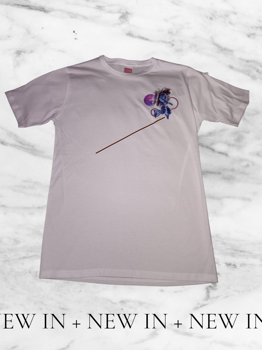 White Graphic Tee with Purple & Blue Lollipop Design